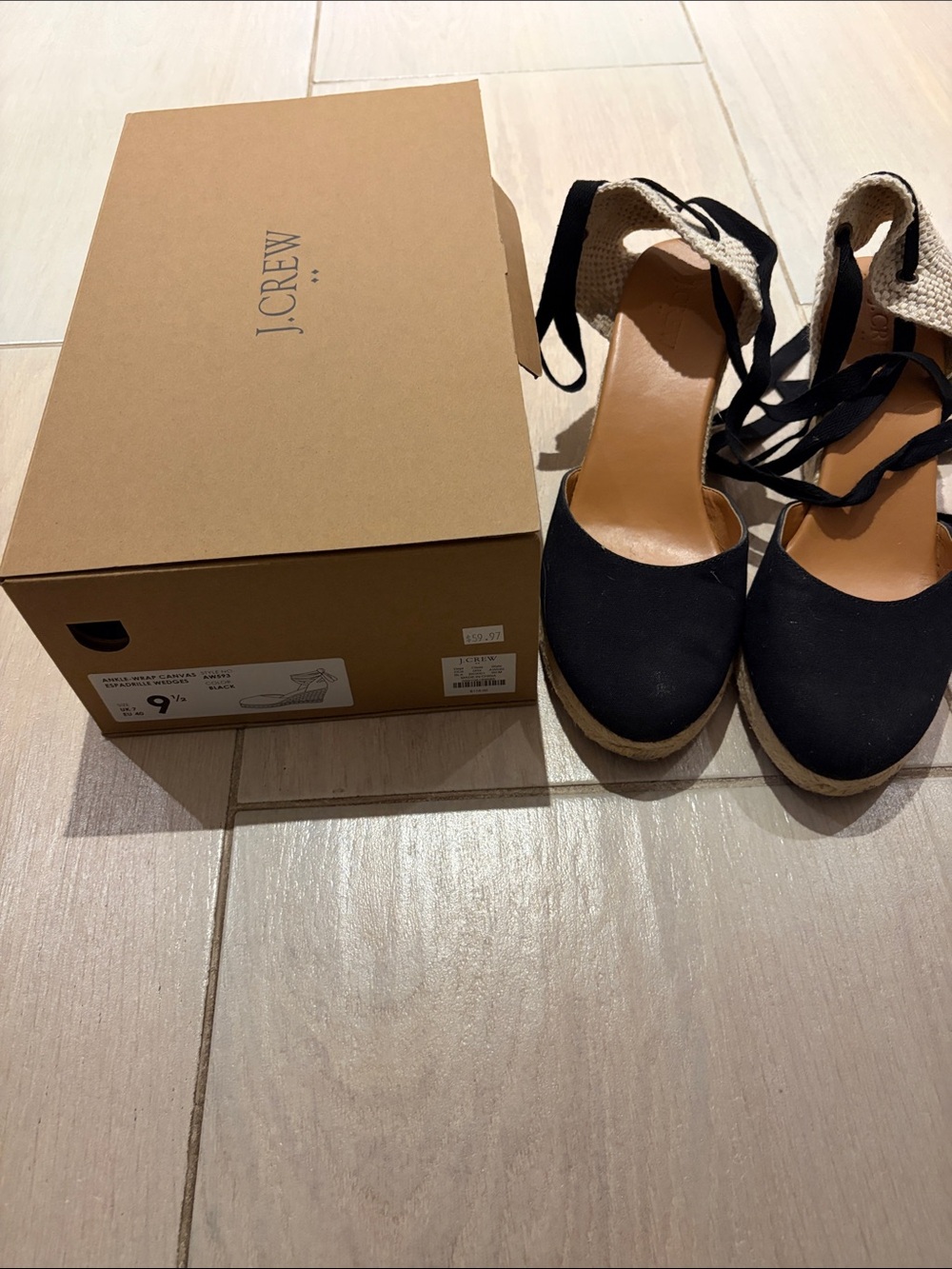 J. Crew Factory Black Canvas Espadrille Wedges with Ankle Wraps